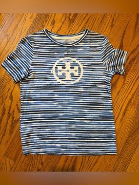 Tory Burch Women's Blue & White Striped Logo Tee - Size XS
